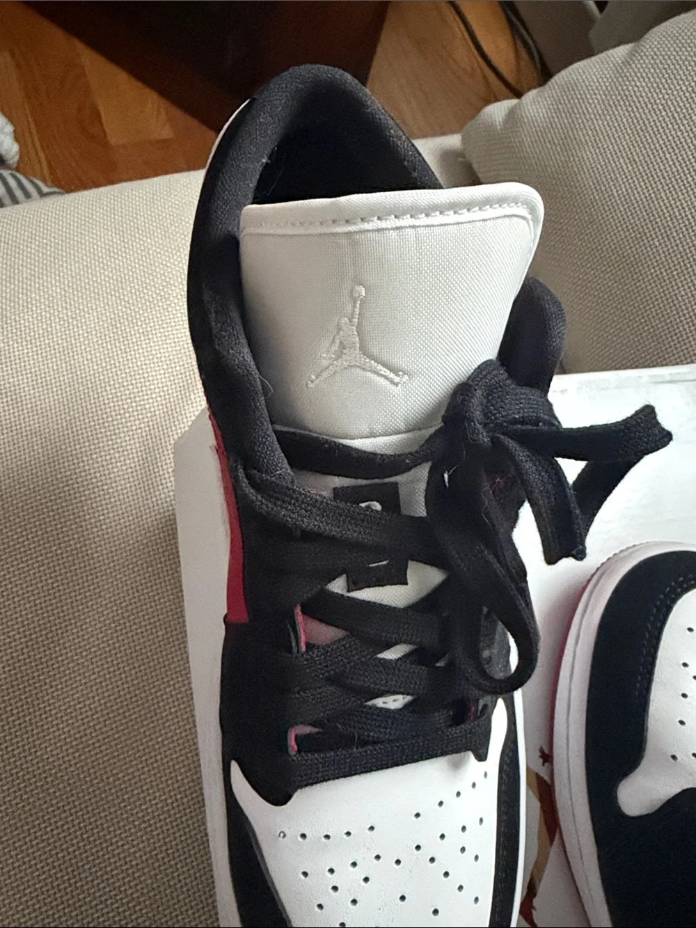 Jordan Low-Top Sneakers in White, Black & Red